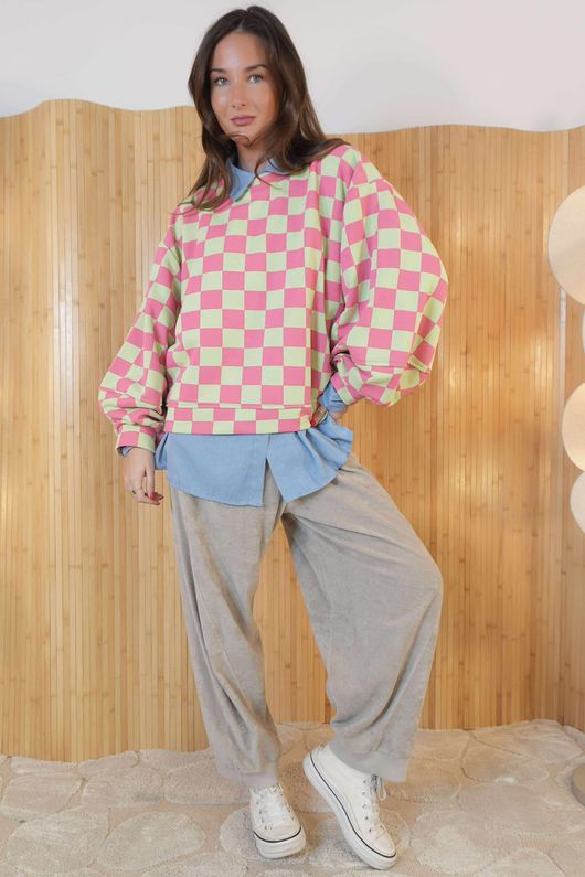 Check Mate Lantern Sleeve Sweat Spearmint Raspberry